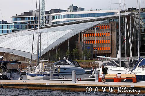 Aker Brygge Marina i Astrup Fearnley Museum of Modern Art, Oslo, Południowa Norwegia