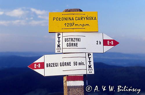 Oznaczenie szlaków turystycznych w Bieszczadach, na Połoninie Caryńskiej