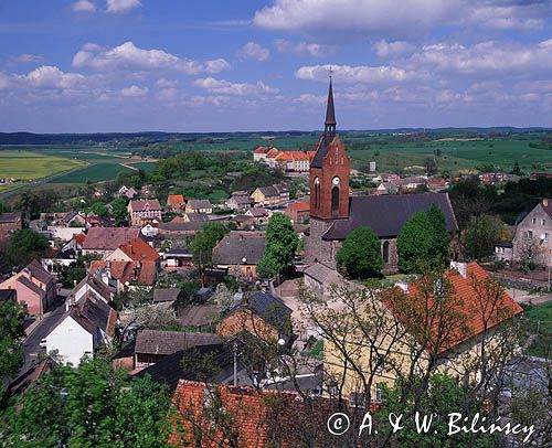 Cedynia, kościół, widok z wieży widokowej, panorama miasteczka