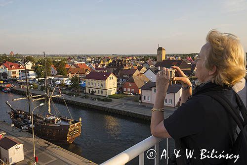 Darłówko,widok z latarni morskiej, Darłowo, statki turystyczne, rzeka Wieprza