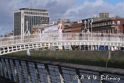 Ha'penny Bridge, Metal Bridge, Wellington Bridge, Liffey Bridge, rzeka Liffey, Dublin, Irlandia