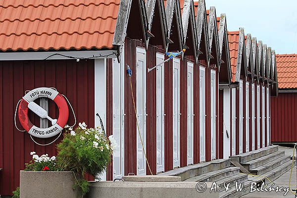 Szopy rybackie w porcie Foto, wyspa Foto, Szwecja Zachodnia, Kattegat