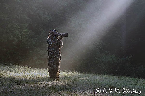 W smudze Słońca, fotograf przyrody, czatowanie, kamuflaż, strój maskujący 3D