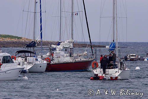 s/y Safran, Trismus 37, na boi przy wyspie Ille Saint Nicolas, Illes Glenan, Archipelag Glenan, Zatoka Biskajska, Bretania, Francja,