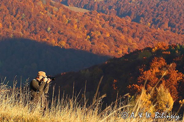 Fotograf przyrody, Bieszczady, pod Rawkami, w tle Caryńska