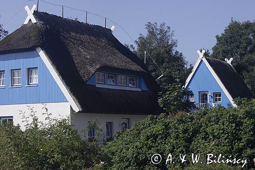 dom kryty strzechą w Kloster na wyspie Hiddensee, Mecklenburg-Vorpommern, Niemcy