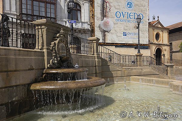 Fontanna na placu Katedralnym, plaza de Alfonso II el Casto, Oviedo, Asturia, Hiszpania