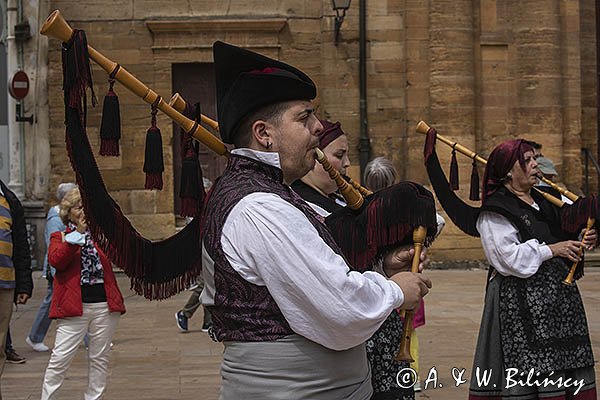 Stroje ludowe, orkiestra, dudy, Oviedo, Asturia, Hiszpania