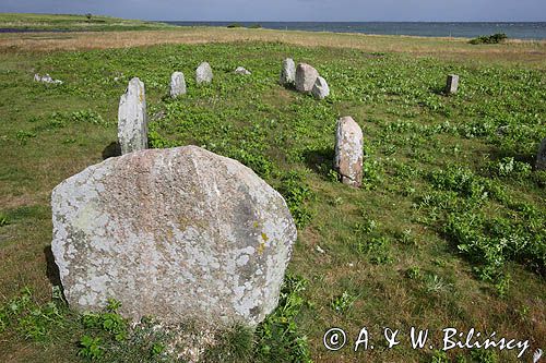 Kamienne kręgi, grobowiec w kształcie łodzi, Dania, Wyspa Hjarno, Kattegat