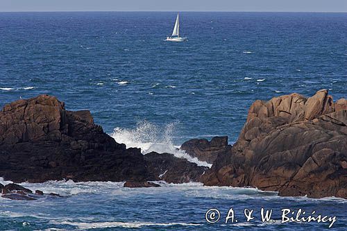 skały w La Corbiere Point, wyspa Jersey, Channel Islands, Anglia, Wyspy Normandzkie, Kanał La Manche