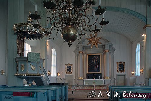 Karlskrona, wnętrze drewnianego kościoła, Szwecja Kungliga Amiralitetskyrkan kościół Admiralicji
