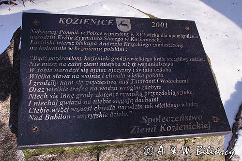 Kozienice, zespół pałacowo-parkowy, tablica przy najstarszym pomniku w Polsce upamiętniającym narodziny Zygmunta Starego