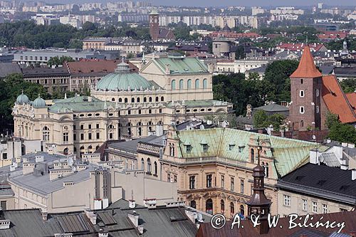 Cracow widok z Wieży Mariackiej, teatr Słowackiego i kościół św. Krzyża