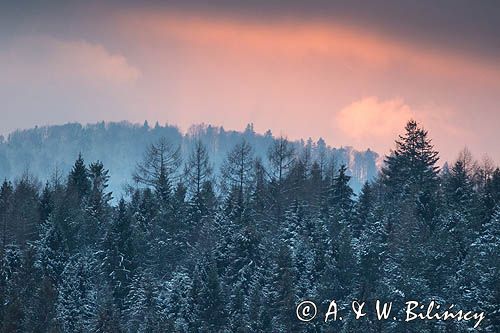 Zima, zachód słońca, Bieszczady