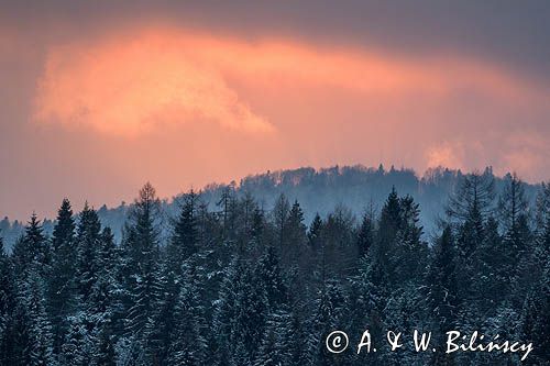 Zima, zachód słońca, Bieszczady