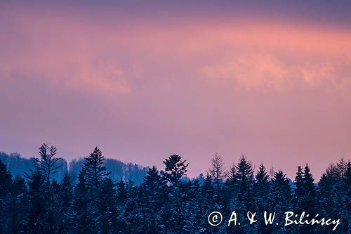 Zima, zachód słońca, Bieszczady