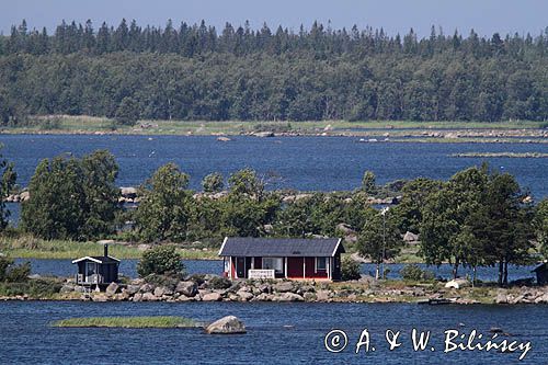 widok z wieży widokowej Saltkaret koło portu Svedjehamn na wyspie Bjorkoby, Archipelag Kvarken, Finlandia, Zatoka Botnicka