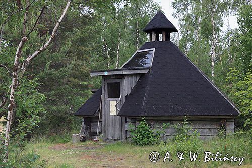chatka Lappish hut na wyspie lin Roytta, Finlandia, Zatoka Botnicka