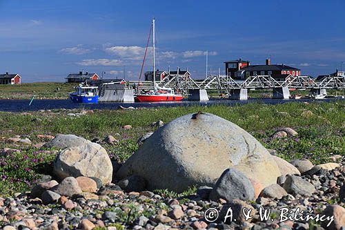 Safran przy pomoście w zatoce na wyspie Maloren, Szwecja, Zatoka Botnicka
