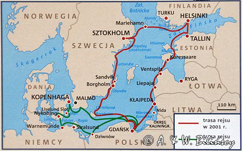 mapka Bałtyku, czerwpna linia - rejs 2001, zielona - rejs 2002