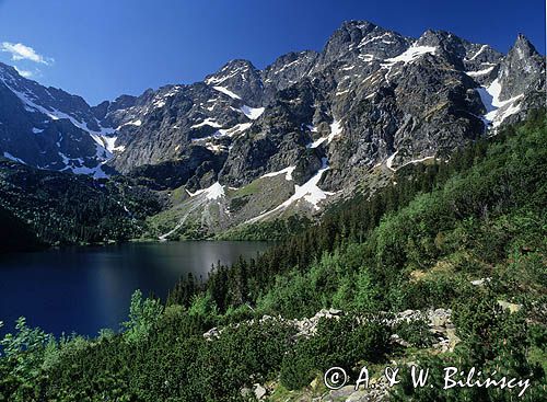 Tatry widok na Morskie Oko, żabia przełęcz, żabi koń, żabia turnia, Wołowa Turnia, Wołowy Grzbiet, Mięguszowiecki Szczyt Czarny, Mięguszowiecka Przełęcz Pod Chłopkiem, Mięguszowiecki Szczyt Pośredni, Mięguszowiecki Szczyt, Cubryna, Mnich