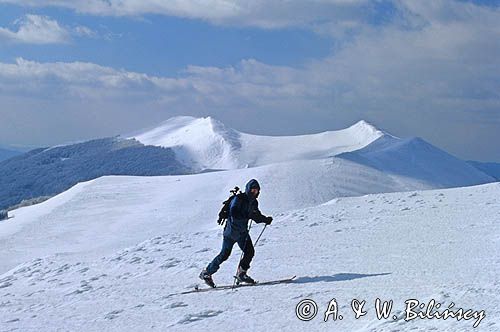 na Wetlińskiej narciarz skitourowy, Bieszczady