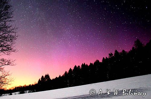 zorza polarna, nocne, gwiaździste niebo, Bieszczady