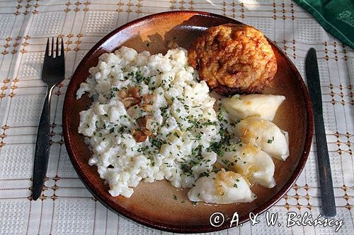 Gazdovsky tanier: kamiensky piroh, bryndzove halusky, goralskie pirohy Farm Slovak Plate: Slovak noodles, pyrogy Goral, Slovak typical potato pancake pierogi góralskie, kluski z bryndzą, ziemniaczany pieróg