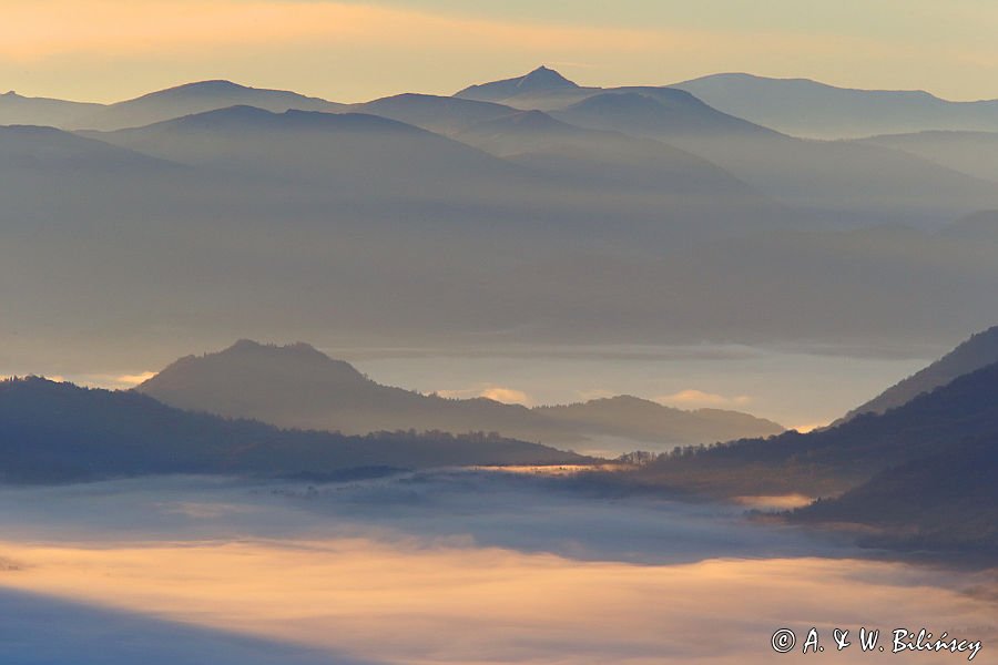 Inwersja, mgły w dolinach, widok z Połoniny Wetlińskiej, Bieszczady