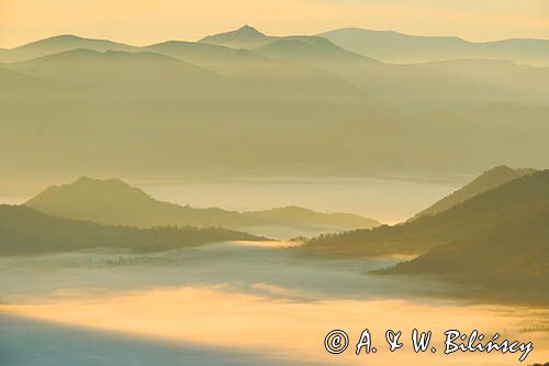 Inwersja, mgły w dolinach, widok z Połoniny Wetlińskiej, Bieszczady