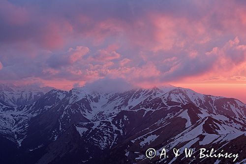 Tatry zachód słońca, widok ze Skrajnej Turni