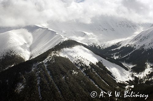 zima, Tatry Zachodnie, panorama z Bobrowca, Trzydniowiański Wierch, Tatrzański Park Narodowy Murań, widok z Murzasichla