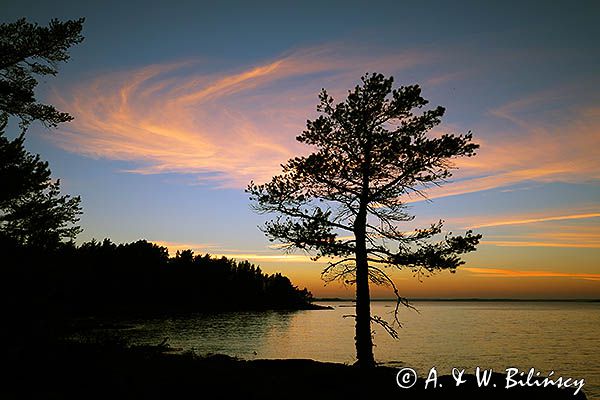 Zachód słońca na wyspie Timmeroarna na północy jeziora Vanern, Wener, Szwecja