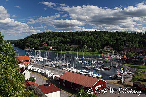 panorama portu, widok ze skały Lejon Berget, Valdemarsvik, Szwecja