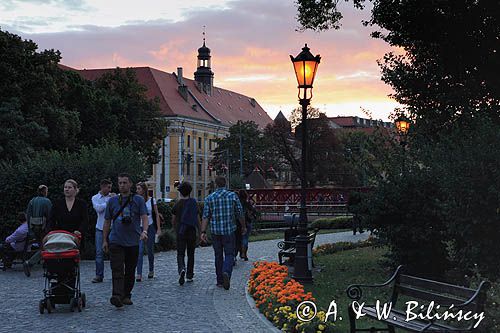 Wrocław, na Wyspie Piasek przy Ostrowiu Tumskim, widok w stronę ulicy Grodzkiej i Mostu Piaskowego