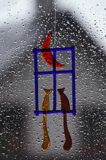 deszcz na szybie, koty w oknie, szkło artystyczne